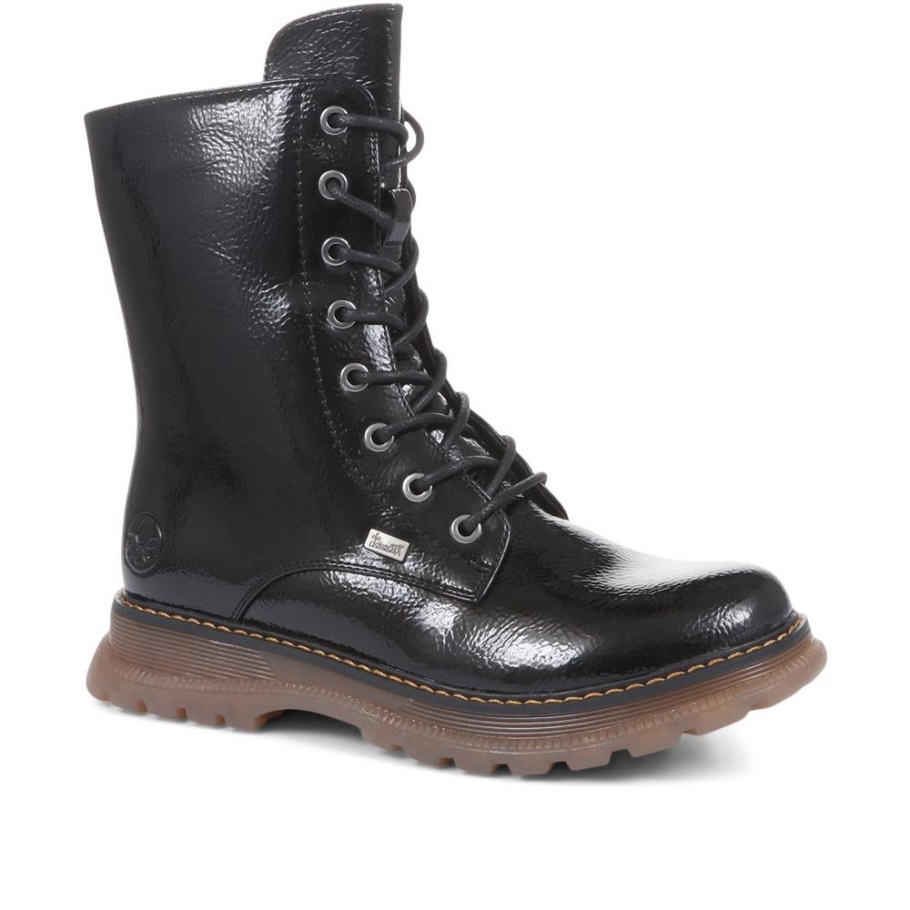 Rieker Fekete Lakk Fűzős Lábszárcsizma