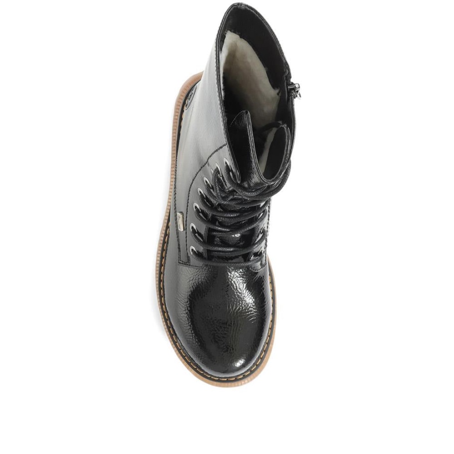 Rieker Fekete Lakk Fűzős Lábszárcsizma